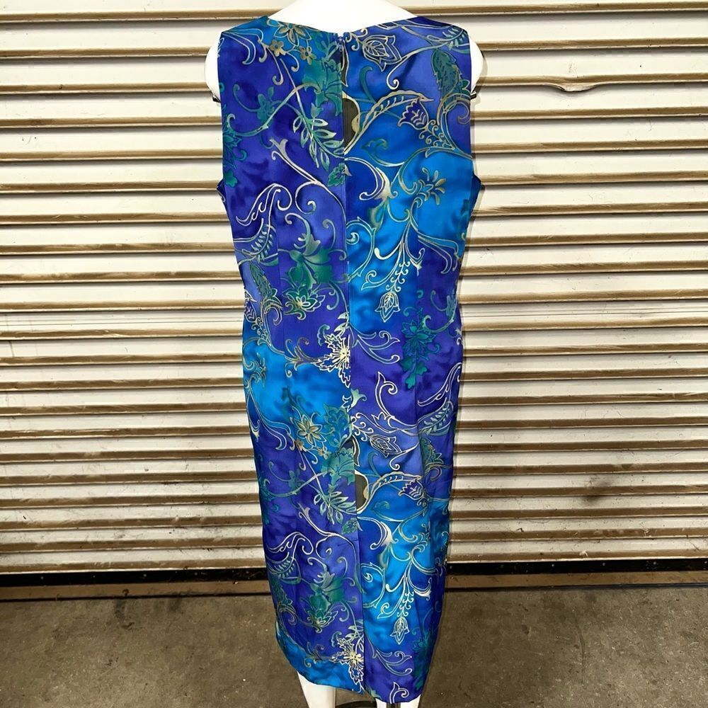 Vintage Koret sheath lined maxi dress shades of blue with gold accent floral - Picture 3 of 8